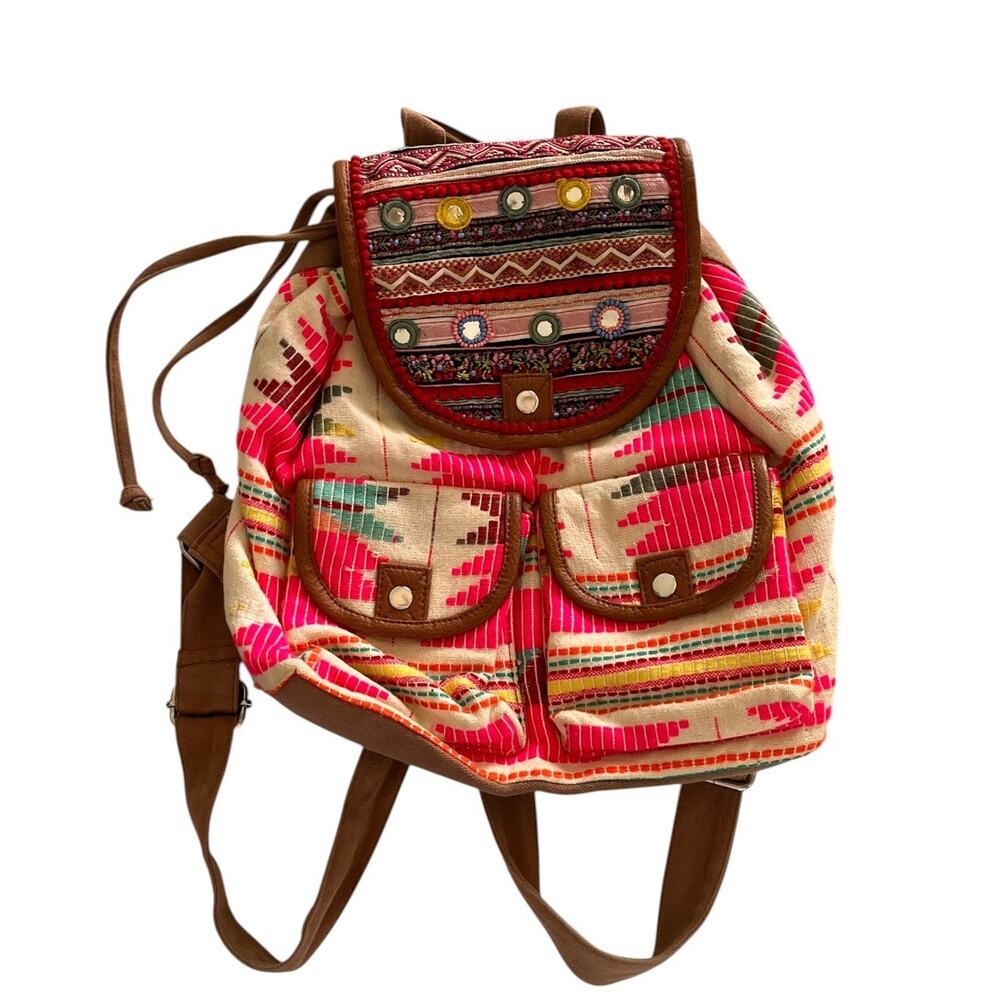 Mix No 6 Womens Backpack Handbag Embroidered Pink Boho School Travel